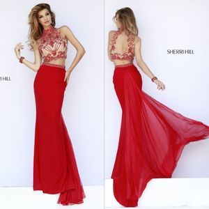 Sherri Hill Red No 11212 Two Piece Prom Formal Fitted Jeweled Bodice Dress